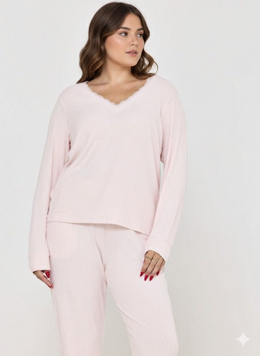 סט פיג’מה ריב בשילוב תחרה